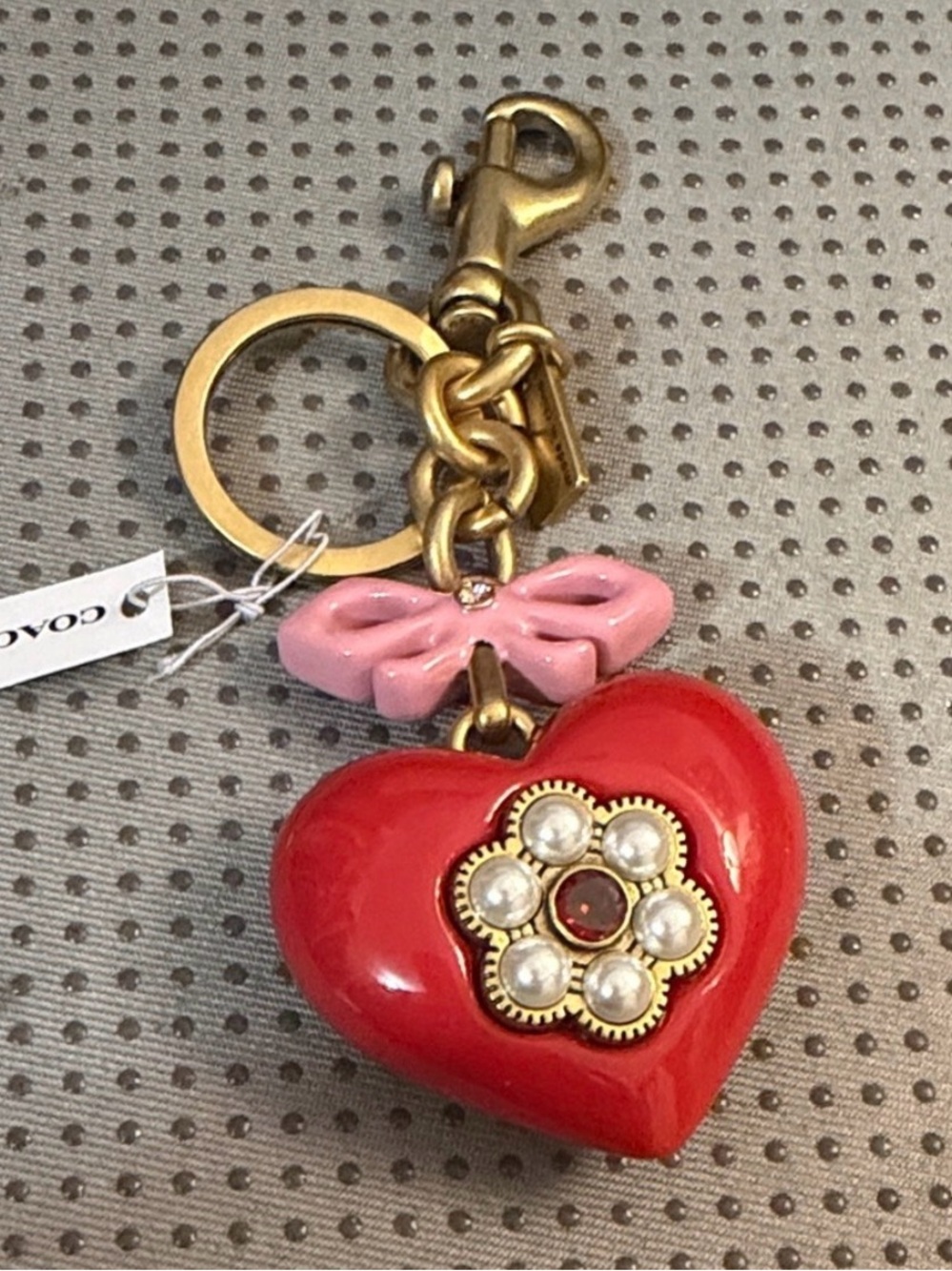 Coach Red Heart Key Charm with Pink Bow and Gold Hardware